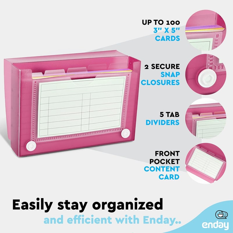 Enday Index Card Holder Pink, 3x5 Note Flash Card Organizer Case, File Box with 5 Dividers, Notecard Box Holds 100 Cards, Also Available in Red, Purple, Green, Blue, Grey, 4 Pack - Image 3